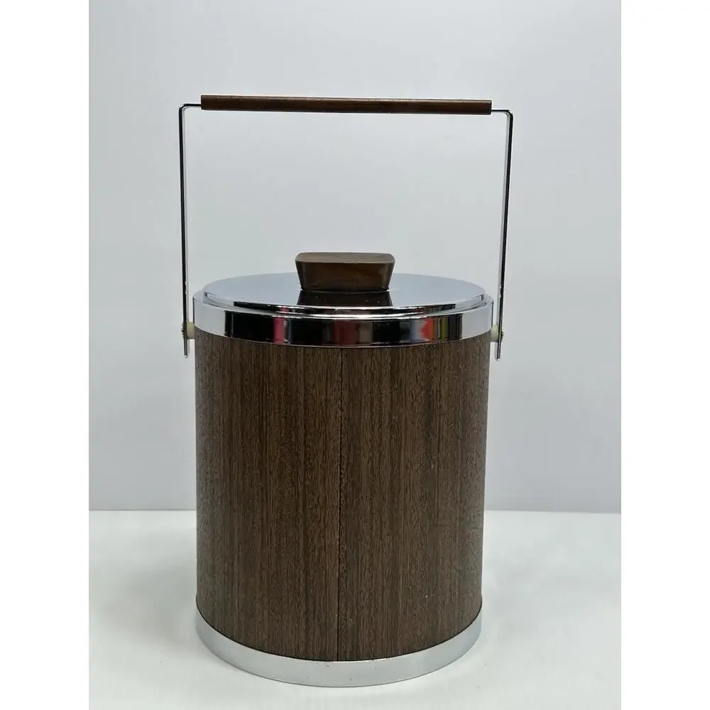 Vintage KROMEX USA 1960s‎ Ice Bucket Wood Grain Chrome Metal Wood Handle Knob